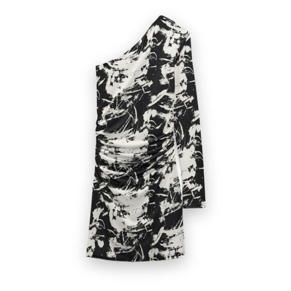 Zara Printed Asymmetrical One Shoulder Mini Dress Black & White Print US… - Picture 3 of 7